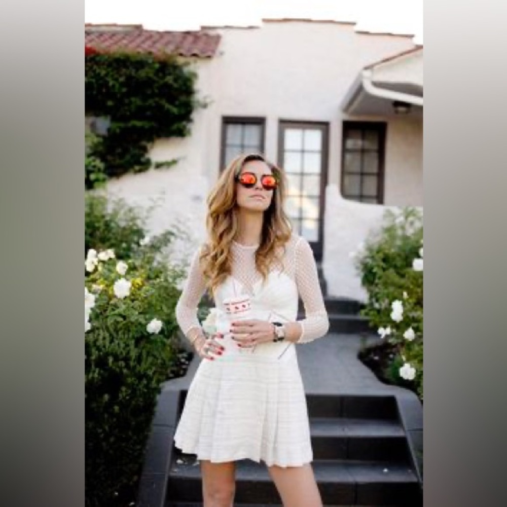 Self-Portrait Ivory Long Sleeve Mesh Dress - Picture 2 of 7